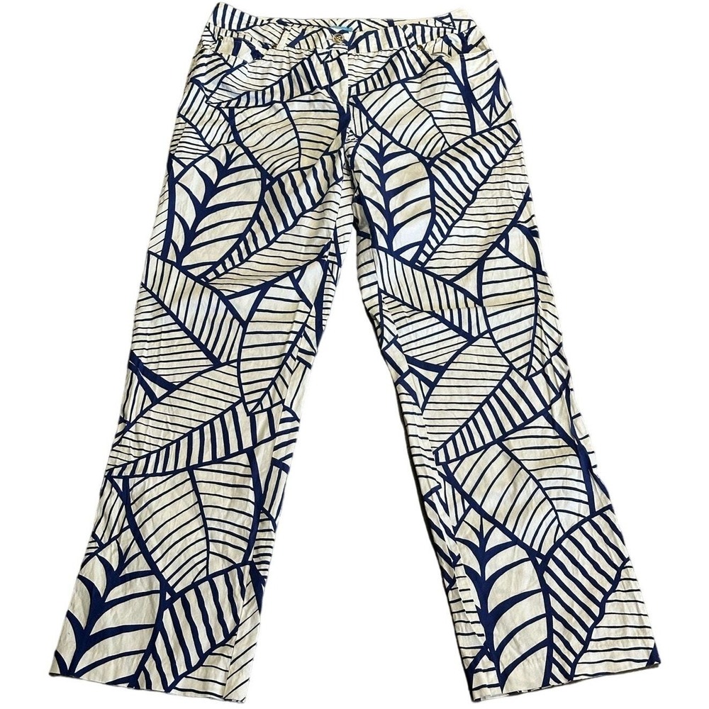 J.McLaughlin Tropical Leaf‎ Print Pants Sz 10 Blue White Stretch Coastal Resort